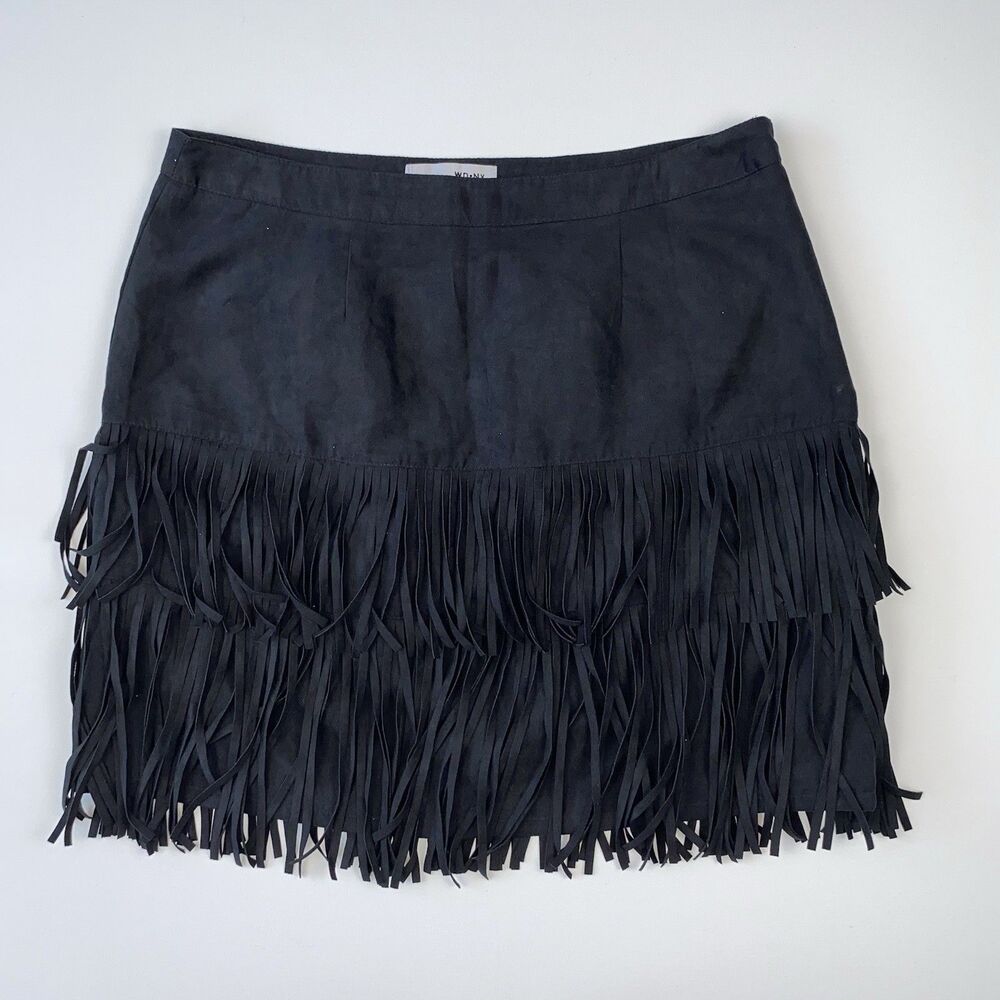 WD.NY Womens Black Faux Suede Tiere Fringe Mini Skirt Size M